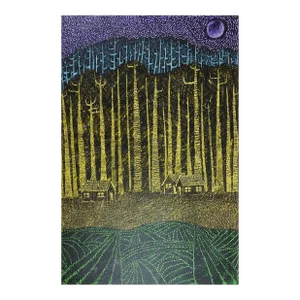 Mid 20th Century Modernist Forest Cabin Mixed Media Painting