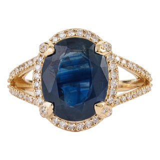 Royal 6.11ct Blue Sapphire Diamond Split-Shank Halo Ring Size 4 in 14k Gold For Sale