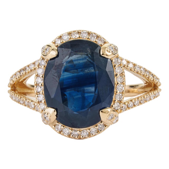 Royal 6.11ct Blue Sapphire Diamond Split-Shank Halo Ring Size 4 in 14k Gold For Sale