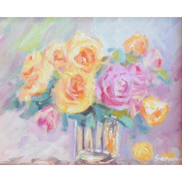 Contemporary original bouquet of pastel colored roses oil painting on artist’s canvas panel by the talented artist Sean...