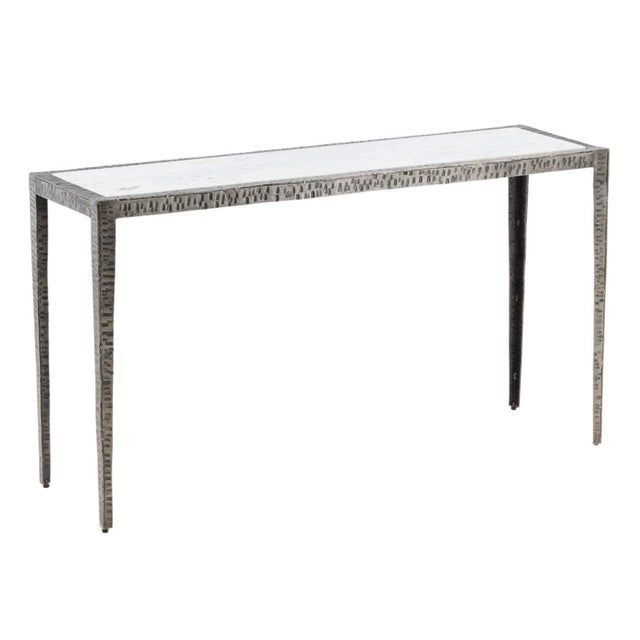 Modern Banswara white marble inset top console table with gunmetal grey finish hand hammered iron frame. Each table will...
