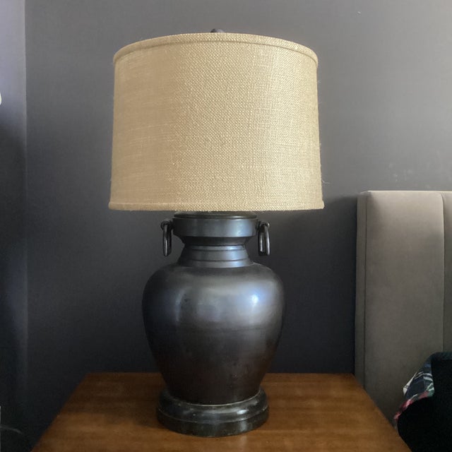 Early 21st Century Visual Comfort Bronze Finish Metal Urn Lamp With Burlap Drum Shade For Sale - Image 5 of 6