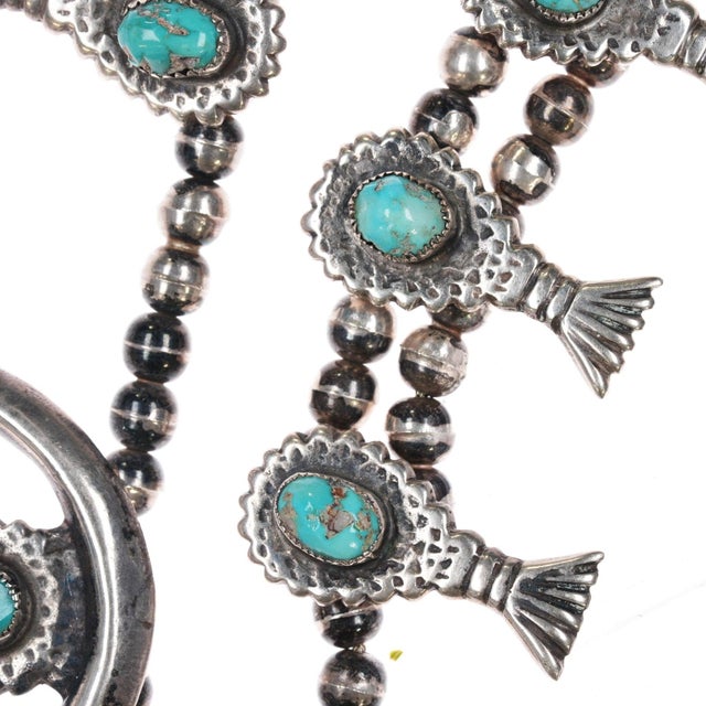 1960s 27" C1960's Native American Cast Silver and Turquoise Squash Blossom Necklace For Sale - Image 5 of 9