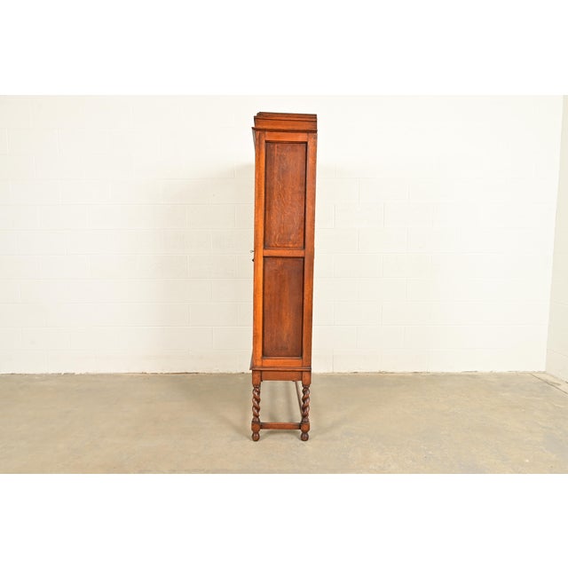 Stickley Brothers Style Antique Arts & Crafts Carved Oak Bookcase Cabinet With Leaded Glass Doors, Circa 1900 For Sale - Image 12 of 14
