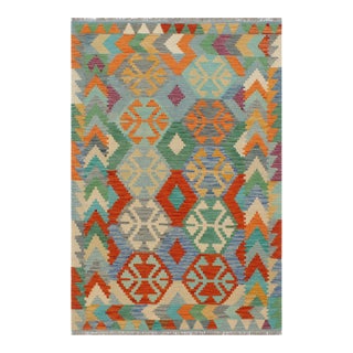 Boho Chic Kilim Rust Blue Wool Rug - 3'7" X 5'0" For Sale