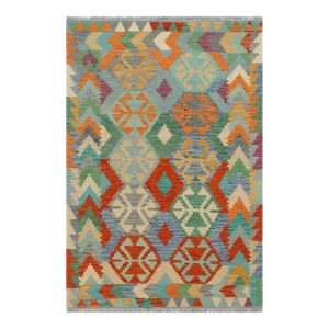 Boho Chic Kilim Rust Blue Wool Rug - 3'7" X 5'0"
