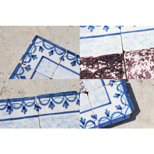 18th Century Tile Mural Panel, Aubergine Spongeware Surrounded by Blue & White Flowers - 35 Pieces For Sale - Image 10 of 13