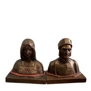 Vintage 1920s Cast Bronze Dante and Beatrice Bookends - Set of 2 For Sale