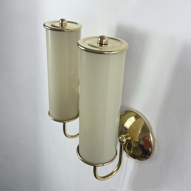 Art Deco Tubular Opaline Glass & Brass Sconces, Germany, 1930s, Set of 2 For Sale - Image 14 of 15