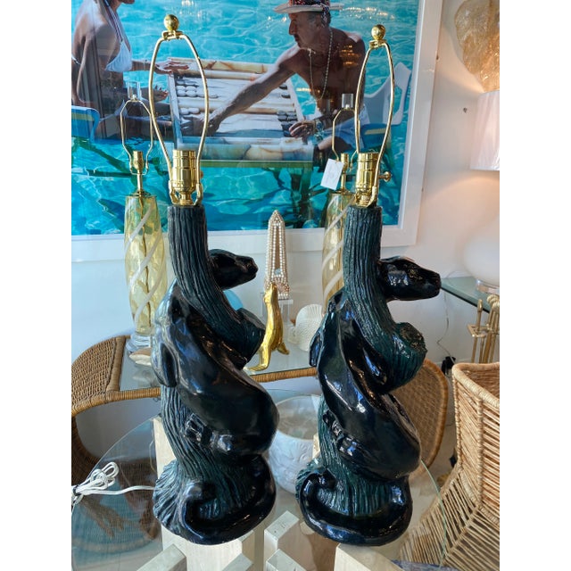 Mid-Century Modern Vintage Pair of Mid-Century Modern Plaster Black Panther Cat Table Lamps For Sale - Image 3 of 13