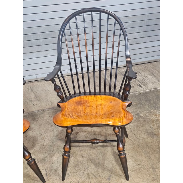 Pair of Late 20th Century Tiger Maple & Black Continuous Windsor Arm Chairs Bench Made For Sale - Image 9 of 11
