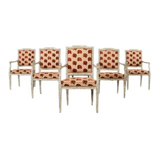 Set of Six Neoclassical Louis XVI Style Distressed Dining Armchairs For Sale