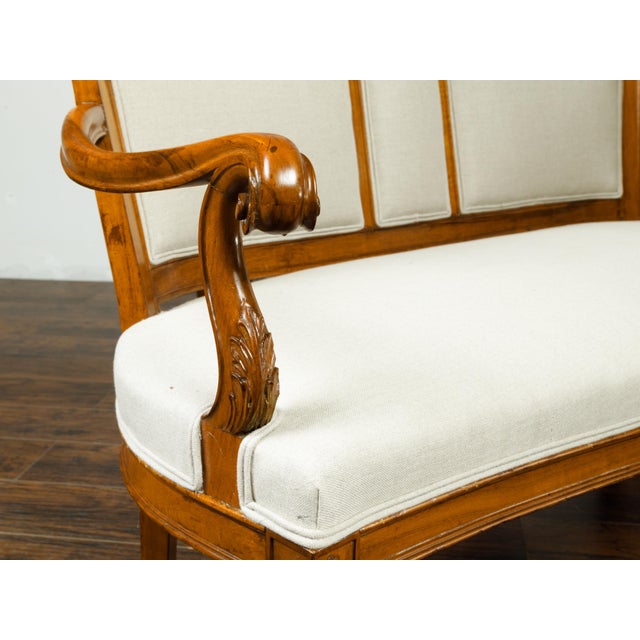 Brown Italian 19th Century Carved Walnut Upholstered Settee with Scrolling Arms For Sale - Image 8 of 9