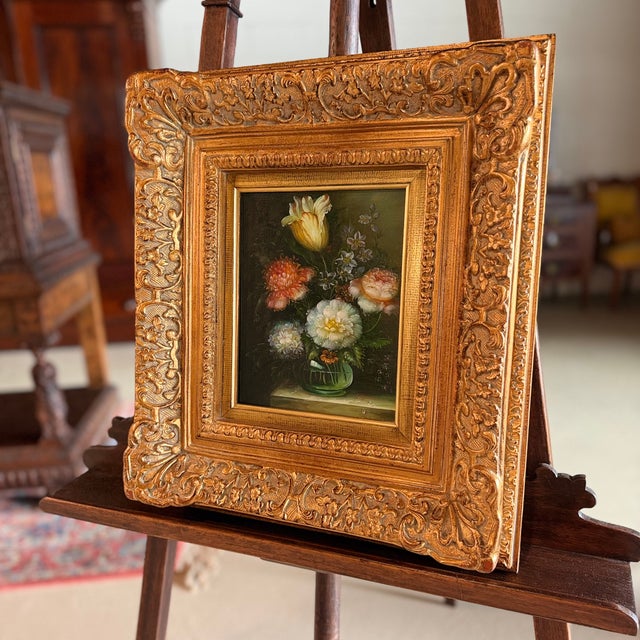 Realism Framed, Signed Oil on Canvas Painting of Floral Still-Life For Sale - Image 3 of 11