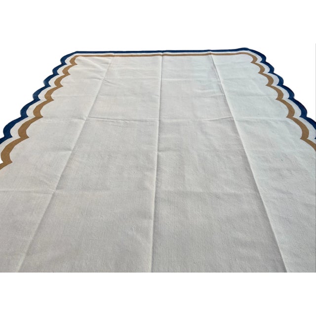 Cream Not Yet Made - Made To Order Handmade Cotton Vegetable Dyed Scalloped Rug Cream, Mustard and Navy Blue Border - 9'x12' For Sale - Image 8 of 11