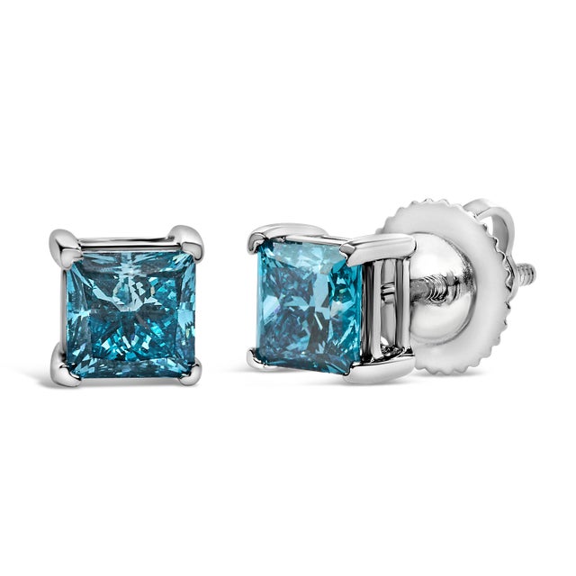 Contemporary 14K White Gold 1.0 Cttw Princess Cut Lab Grown Blue Diamond Solitaire Stud Earrings For Sale - Image 3 of 4