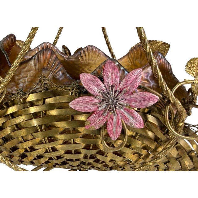 1920s Loetz Style Iridescent Glass Bowl in Bronze Basket For Sale - Image 4 of 9