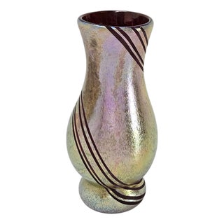 Iridescent Studio Art Glass Vase With Applied Ribbon Trail Lines 9.25" For Sale