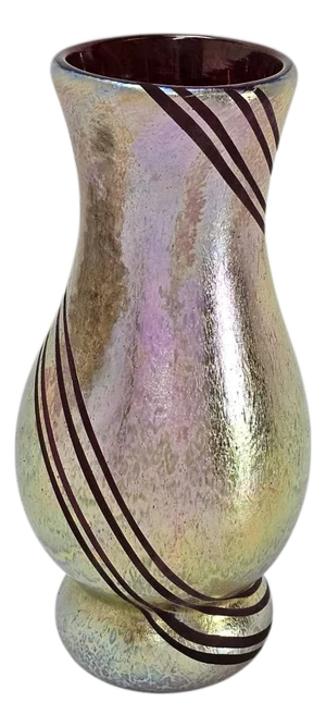 Iridescent Studio Art Glass Vase With Applied Ribbon Trail Lines 9.25"