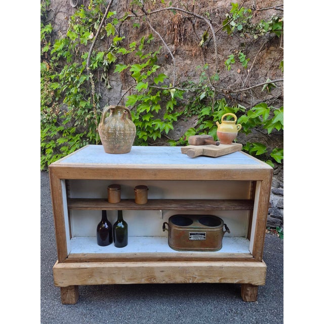Rustic Antique French Patisserie Counter Kitchen Island with Marble Top, 1930 For Sale - Image 3 of 18