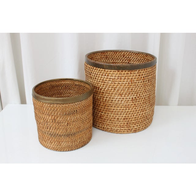1970s Vintage Rattan Nesting Baskets With Brass Rims For Sale - Image 5 of 5