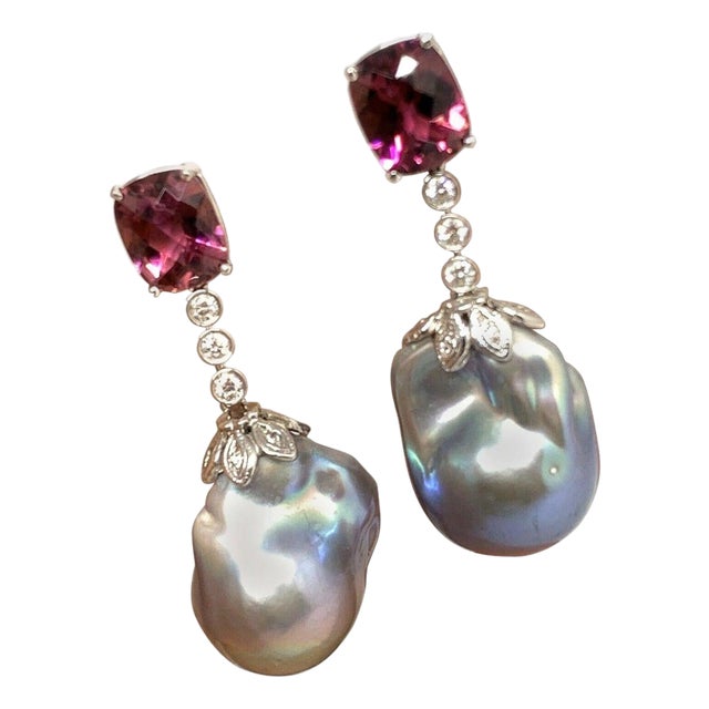 Diamond Rubellite Tourmaline Pearl Earrings 18k Gold 6.25 TCW Certified For Sale