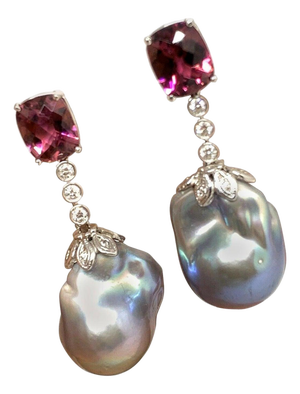Diamond Rubellite Tourmaline Pearl Earrings 18k Gold 6.25 TCW Certified