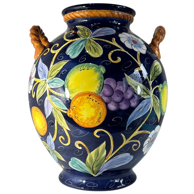 Large 16+ In. Villa Bellagio Majolica Orcio Cobalt Blue Fruit Double-Handled Jug Urn Vase For Sale - Image 17 of 18