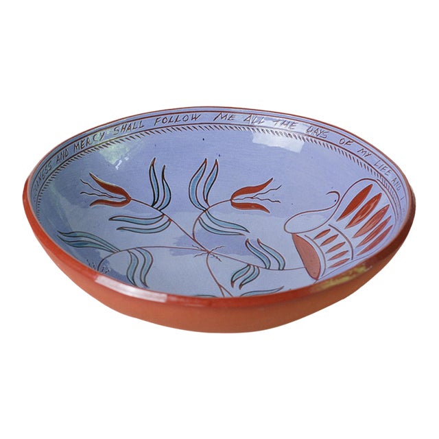 1989 Signed Redware Pottery Sgraffito Tulips Bowl For Sale