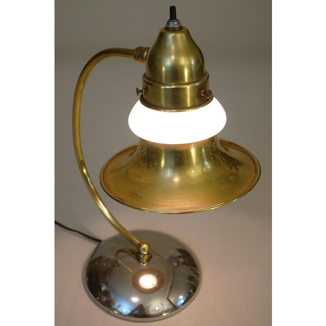 1930s Art Deco Streamline Brass Chrome Milk Glass "Halo" Table Lamp Markel Faries Era For Sale - Image 4 of 10