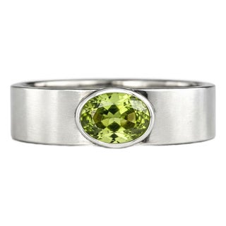 Bezel Set Oval Peridot Wide Matte Band Silver, Gold, Size 10 For Sale