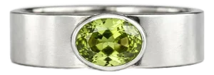 Bezel Set Oval Peridot Wide Matte Band Silver, Gold, Size 10