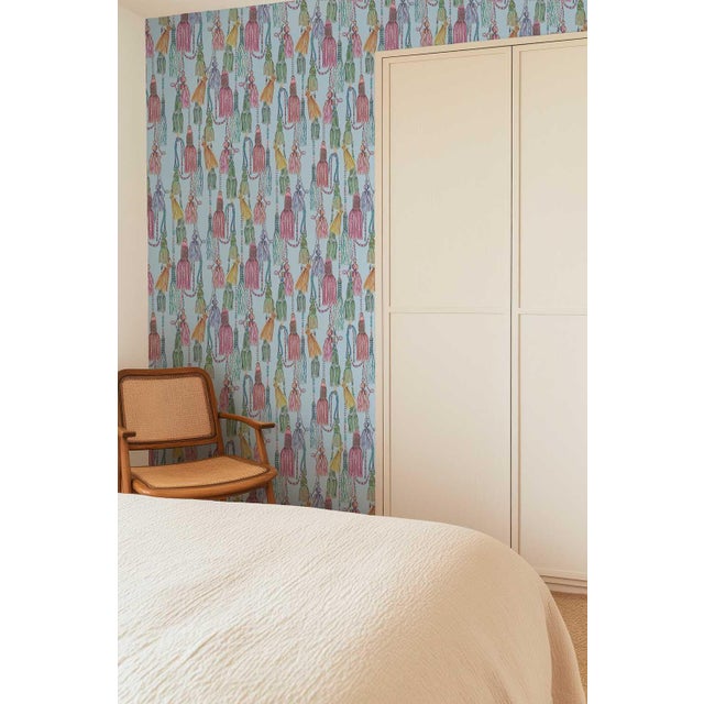 Textile Tassel Trellis Grasscloth Wallpaper by House Party | Silk Ribbon Blue | 8 Yards For Sale - Image 7 of 8