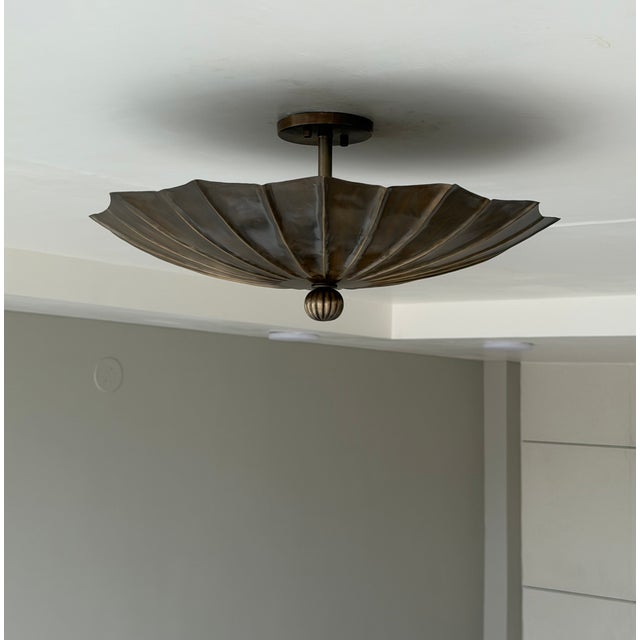 Handmade Brass Flush Mount Ceiling Light | Sculptural Flower Petal Light Fixture For Sale - Image 9 of 13