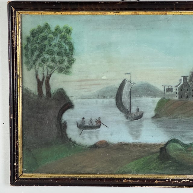 Rare to Market 19th C. Primitive Folk Art Colored Sandpaper Painting of River Scene & Boaters For Sale In New York - Image 6 of 13