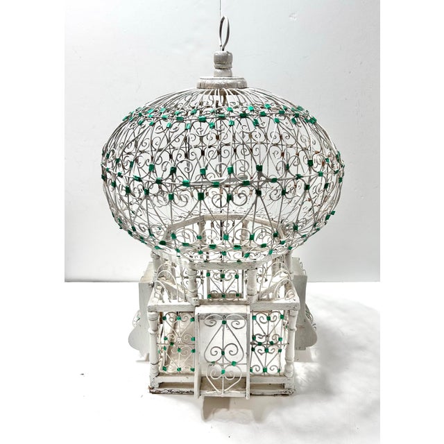 French Country Whitewashed Metal Birdcage Sculpture – Ornate Decorative Cage With Green Jewel Accents, Garden Room Decor For Sale - Image 4 of 12