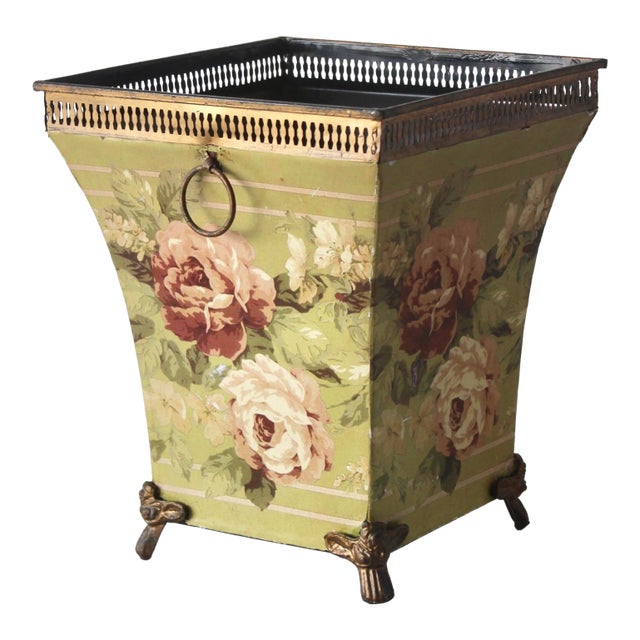 19th Century French Style Sheet Metal Cachepot Wastebasket Planter Flowers Hoop Handles Footed Details Vintage For Sale