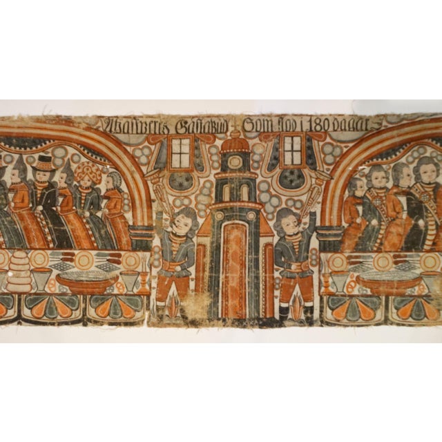 Antique Painted Swedish Folk Art Linen Bonad Depticing Ahasuerus’ Banquet, Book of Esther For Sale - Image 9 of 12