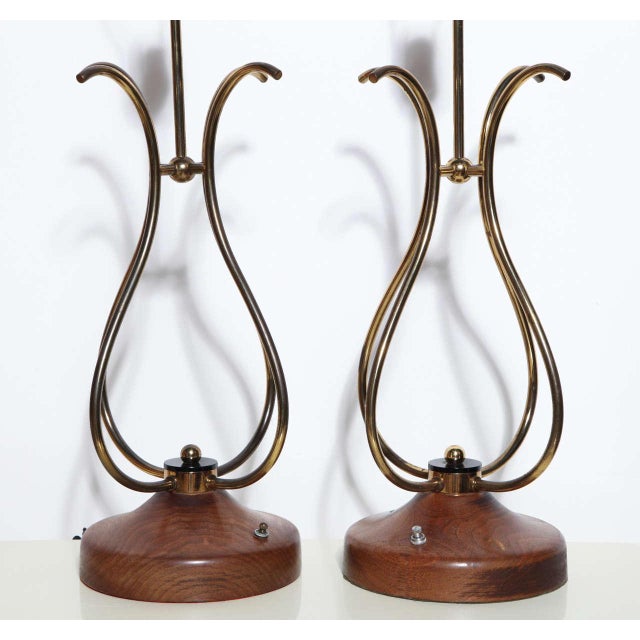 Brass Tall Brass, Walnut & Lucite "Scroll" Style Table Lamps, 1950's - A Pair For Sale - Image 8 of 10