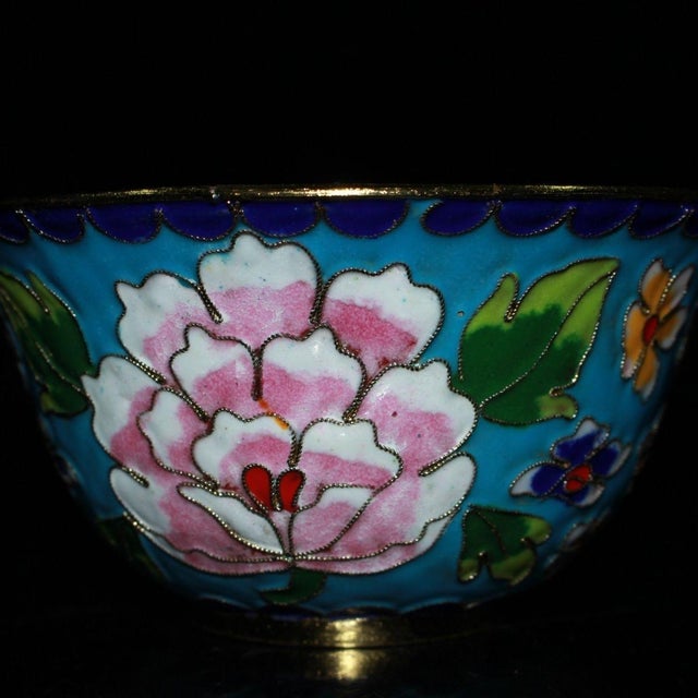 Vintage Chinese Cloisonné Enamel Tea Bowl - Turquoise Ground With Peony & Floral Motif For Sale - Image 9 of 9