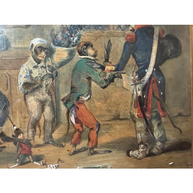 Antique 1800's August L Anthropomorphic Monkeys in a Kitchen Watercolor Painting For Sale - Image 11 of 14