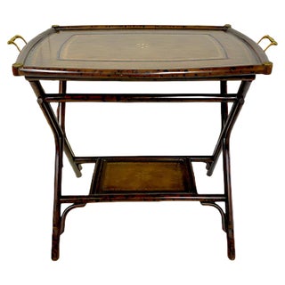 Antique Bamboo Leg Butler Table with Leather Print Tray For Sale