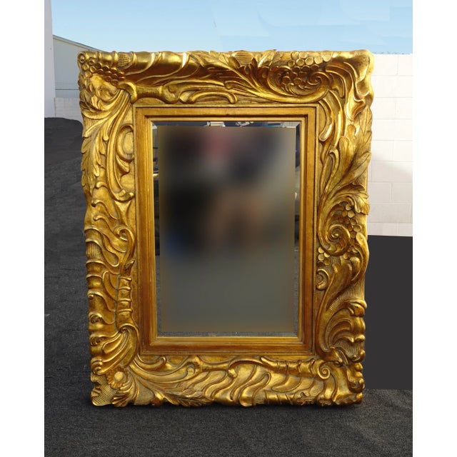 Large 57"Hx45" Vintage Frenchly Carved Gold Wall Mantle Beveled Mirror For Sale - Image 12 of 12