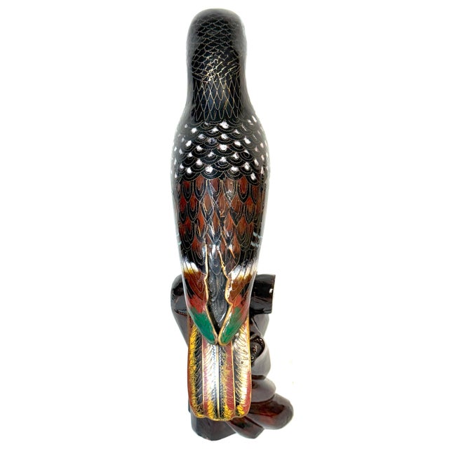 Chinese Cloisonné Parrot on Carved Hardwood Tree Trunk Base Chinese, Circa 1960 For Sale - Image 9 of 13