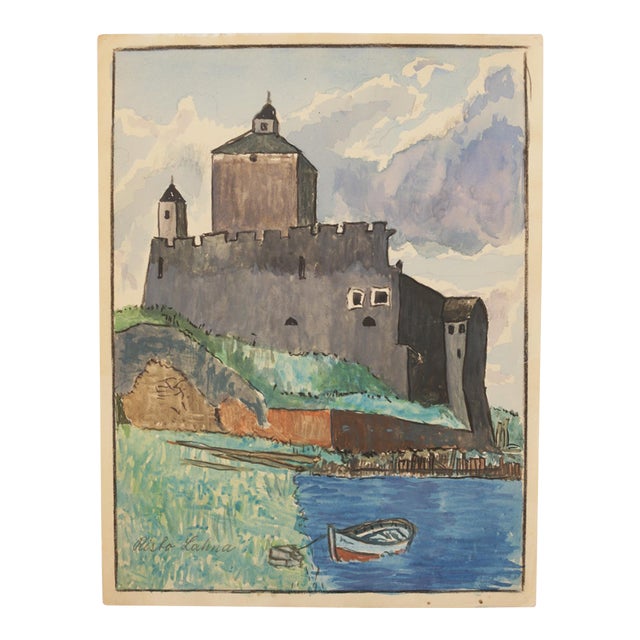 Mid-Century Swedish Outsider Folk Art Original Watercolor Painting, Signed, Lakeside Fortress Landscape For Sale