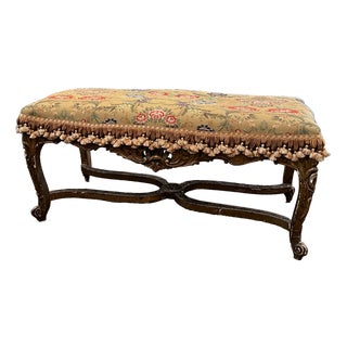 19th Century French Louis XV Style Carved Wood and Needlepoint Bench For Sale