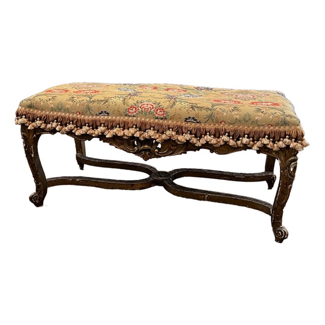 19th Century French Louis XV Style Carved Wood and Needlepoint Bench For Sale