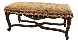 19th Century French Louis XV Style Carved Wood and Needlepoint Bench