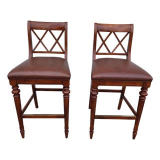 Pair of Vintage Ethan Allen British Classics Crossback Barstools Armchairs Empire Style For Sale