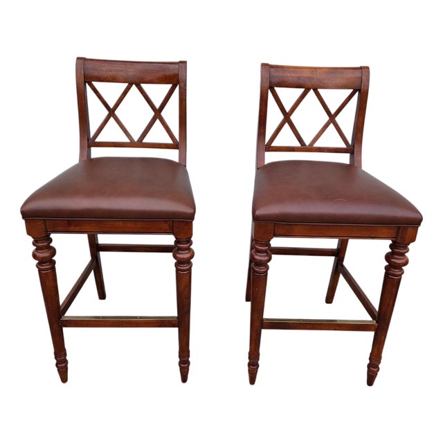Pair of Vintage Ethan Allen British Classics Crossback Barstools Armchairs Empire Style For Sale